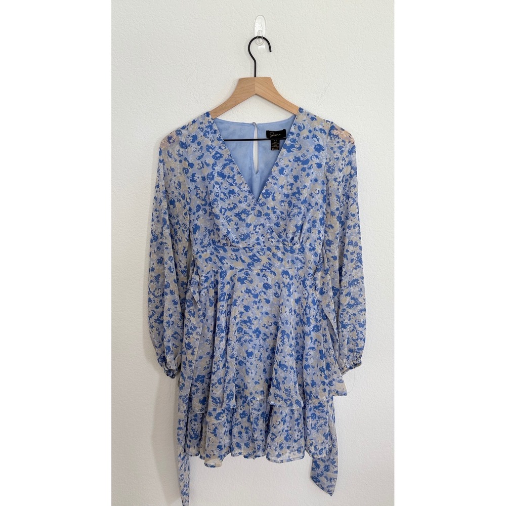 Japna Blue Floral Chiffon Mini Dress Long Sleeve V-Neck Ruffle Tiered XS